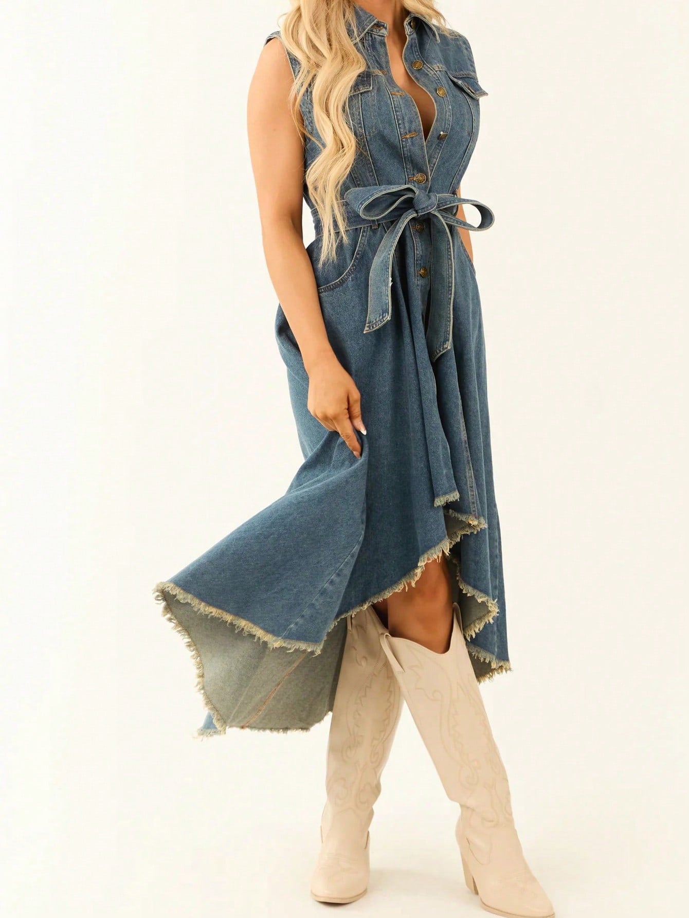Sleeveless Denim Dress with Adjustable Waist for Casual Day, Trip, Relaxed Outing with Easy Styling | top down arrangement...
