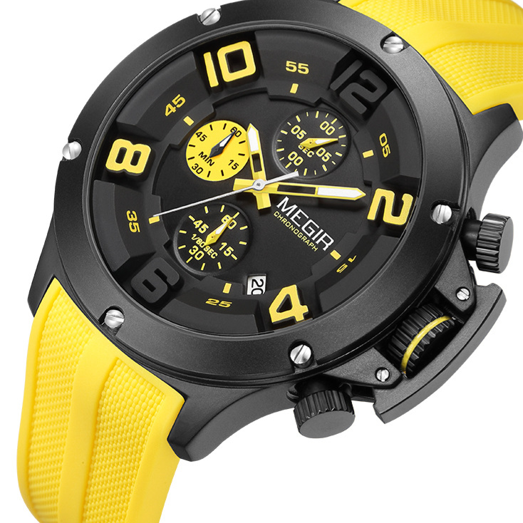MEGIR sports chronograph quartz watch with yellow silicone strap and black case