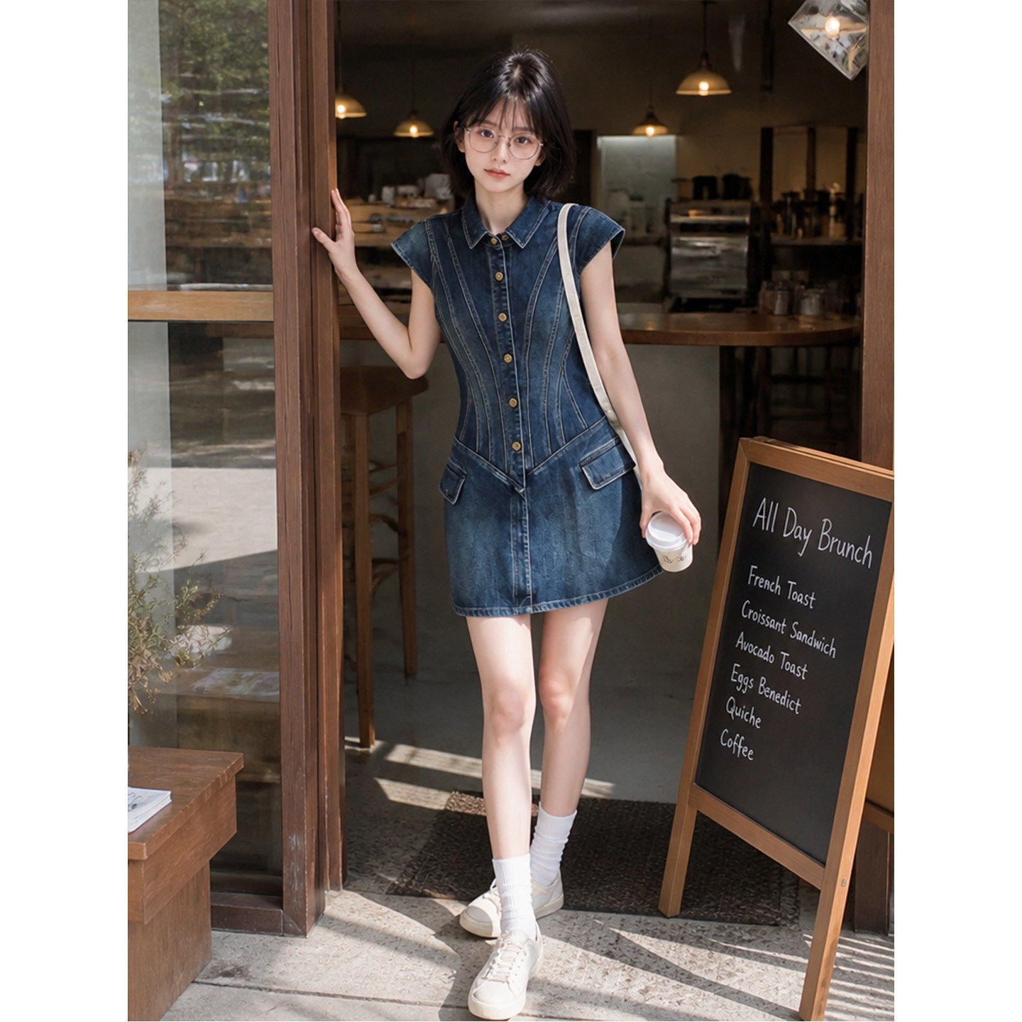 Full front view of blue denim mini shirt dress with cap sleeves and gold buttons