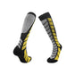 Long ski socks with a towel cushioned sole and an elastic cuff that holds the sock up
