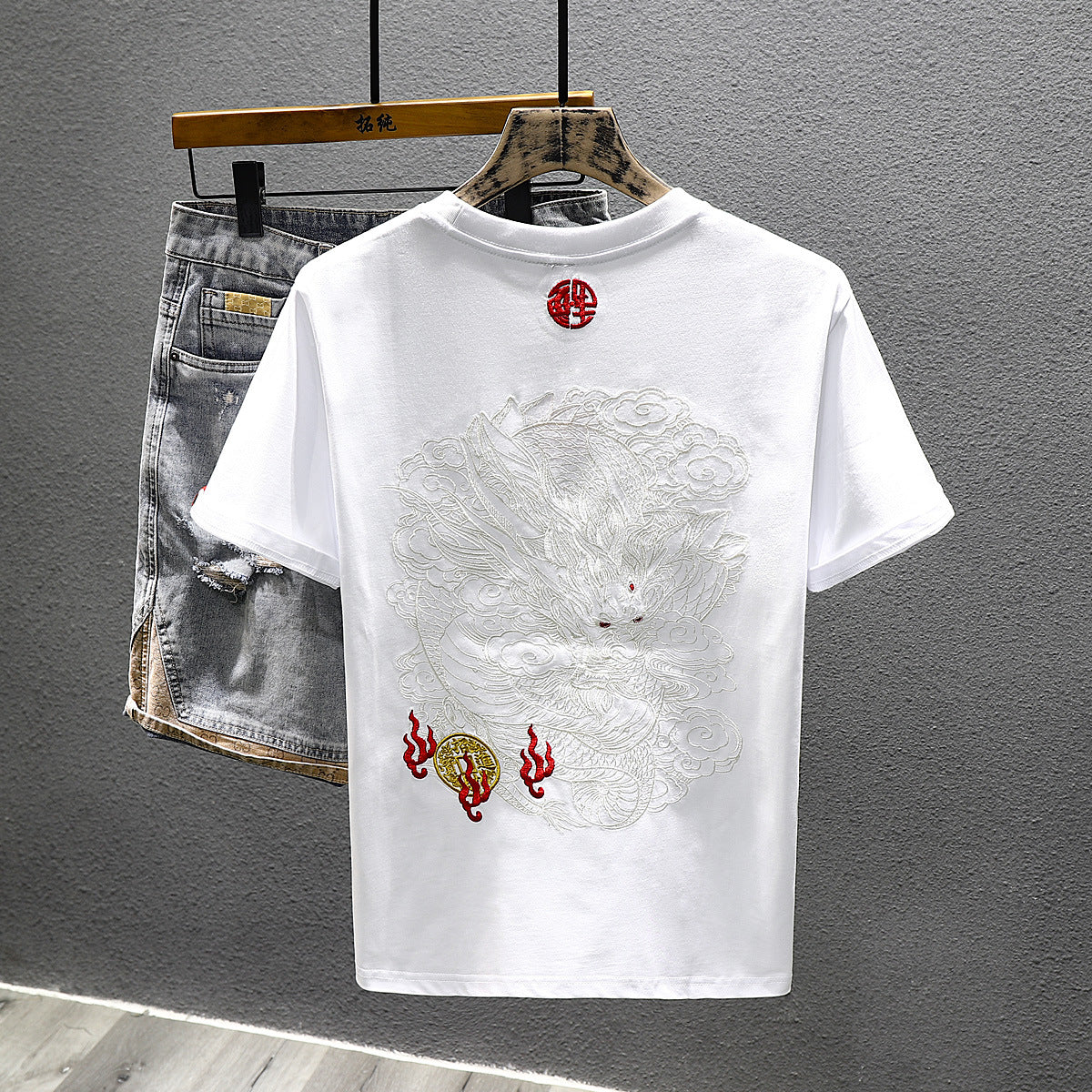 Side angle of the cotton t-shirt showing the relaxed straight fit through the body