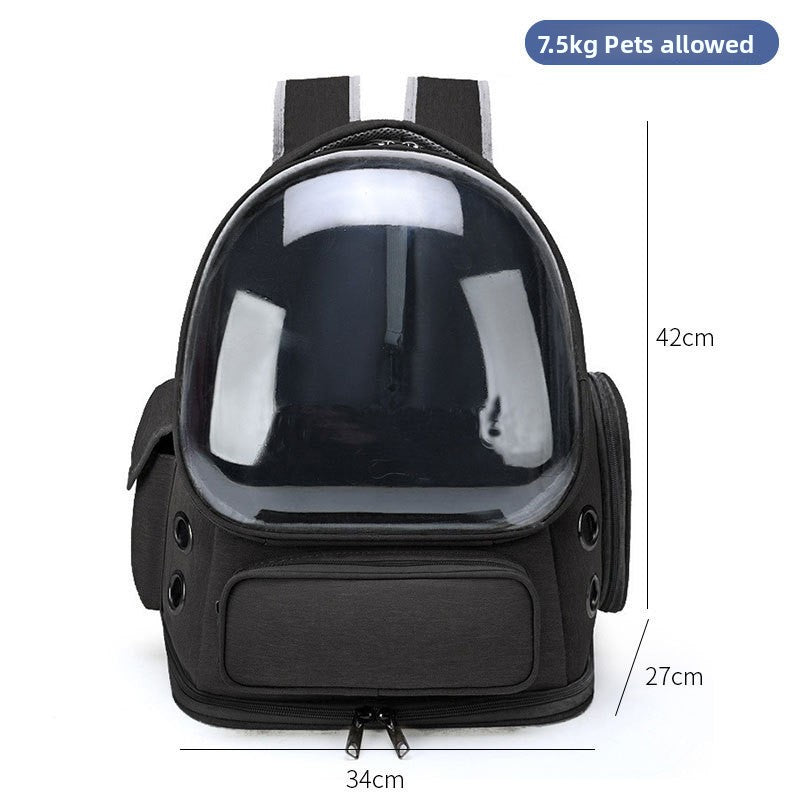 Black capsule pet carrier backpack with clear dome and size lines of 34 by 27 by 42 cm