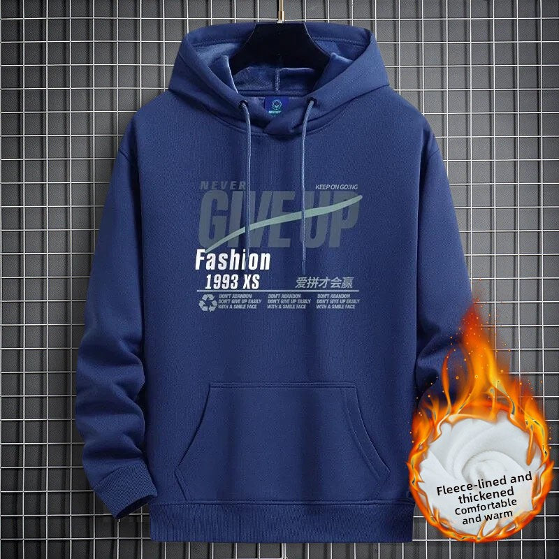 Navy Blue fleece-lined hooded sweatshirt with a NEVER GIVE UP graphic and front pocket, size 4XL option