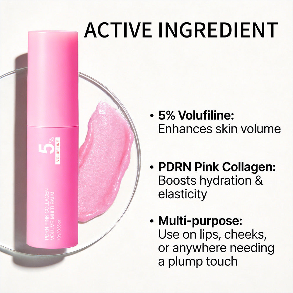 Pink collagen balm skincare product, showing the balm stick held beside the face