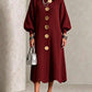 Wine Red option, size M: long ribbed knit dress with polo collar, balloon sleeves and large gold-tone buttons