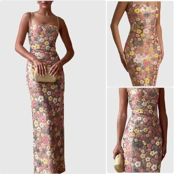 Petal Sequin Spaghetti Strap Maxi Dress