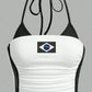 White halterneck crop top with black trim and Brazil flag print flat lay