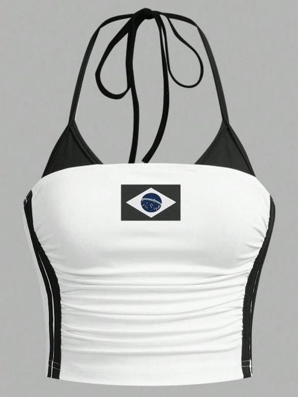 White halterneck crop top with black trim and Brazil flag print flat lay