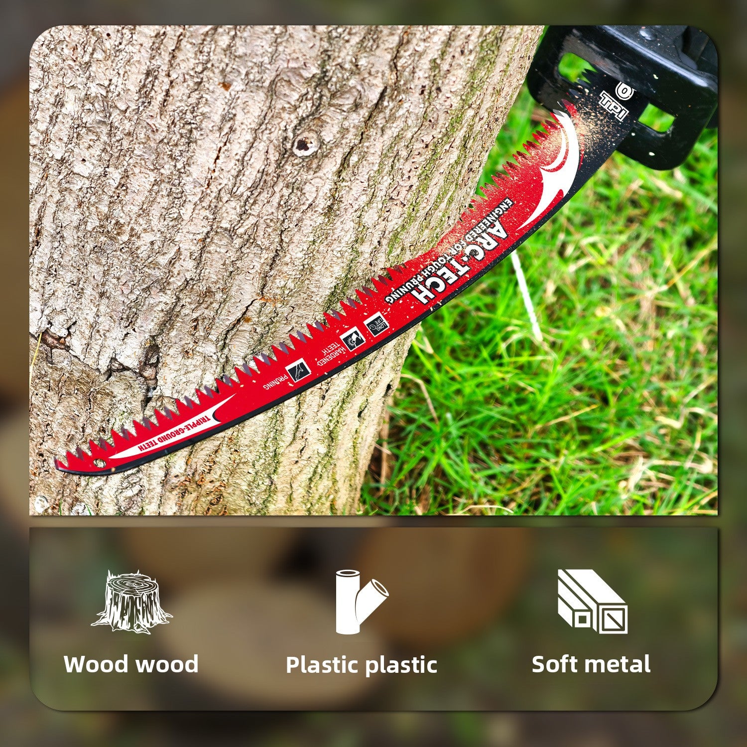 Arc reciprocating saw blade cutting a trunk with icons for cutting wood, plastic pipe and soft metal