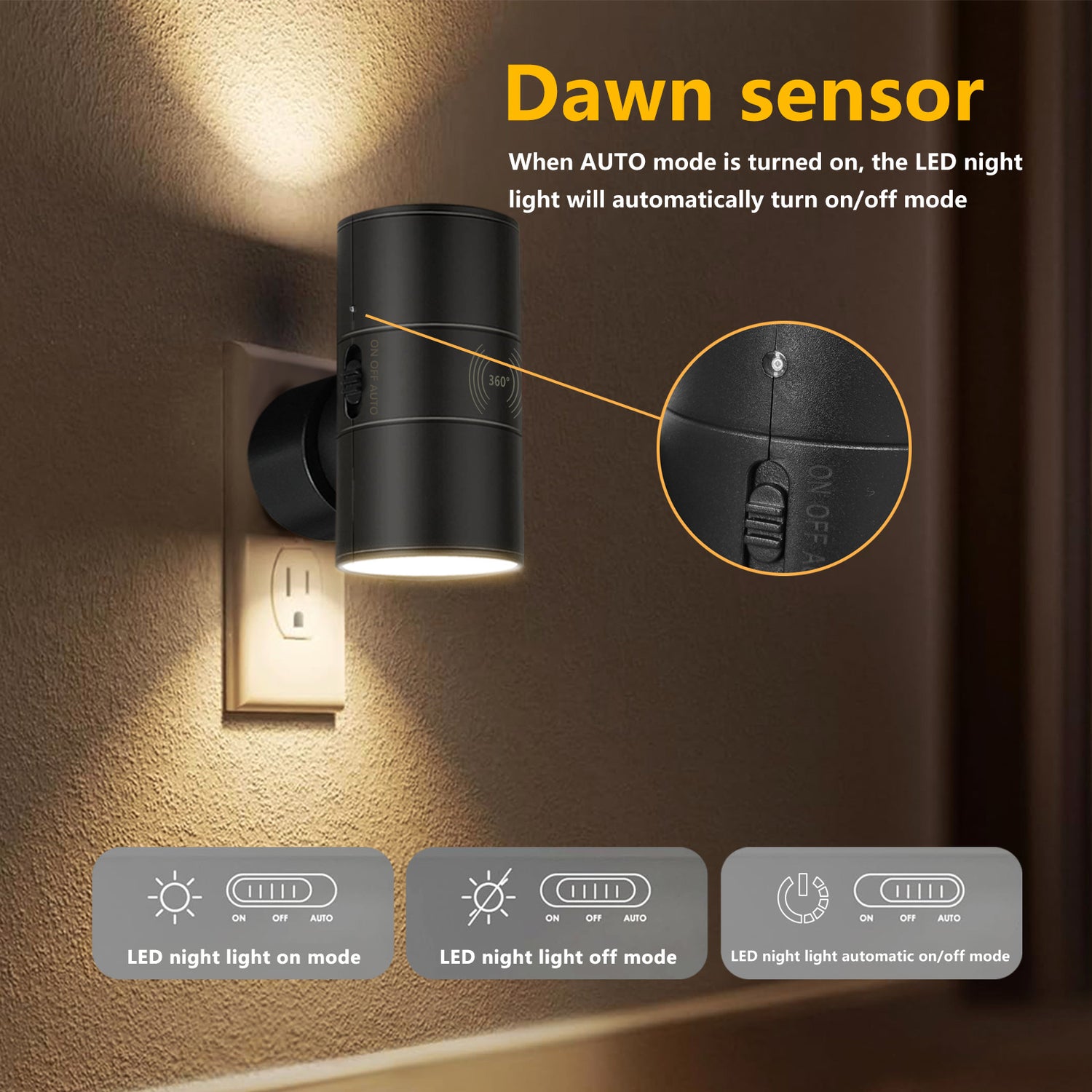 Plug in LED night light with rotatable head aimed down toward the floor