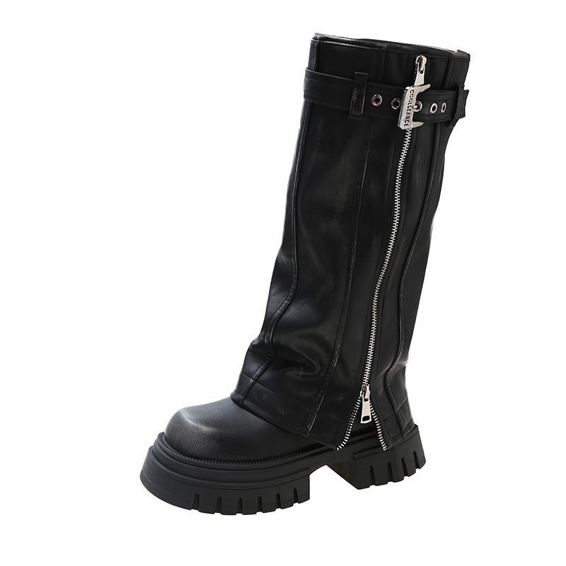 Black chunky knee high boot with silver buckle strap and side zipper, product photo for the size 39 variant