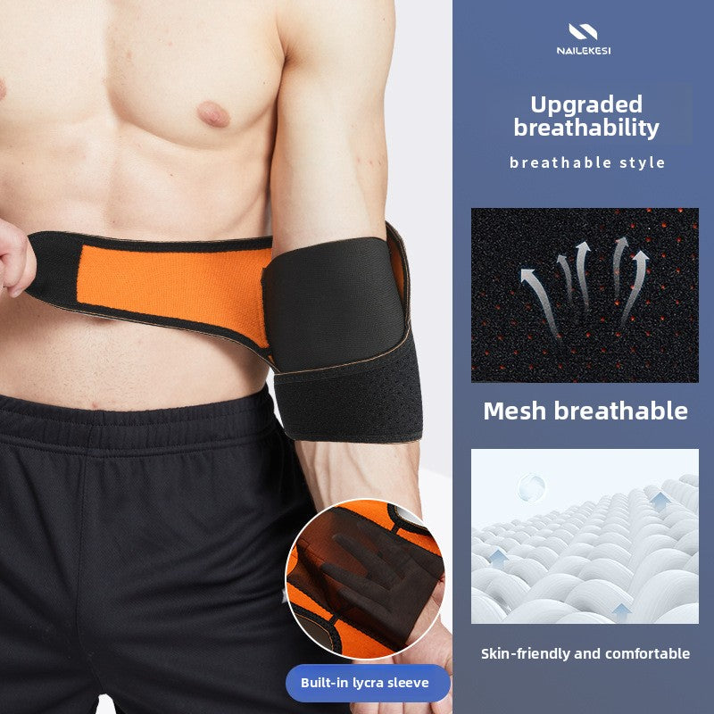 Gray and purple adjustable elbow wrap laid flat on a plain background