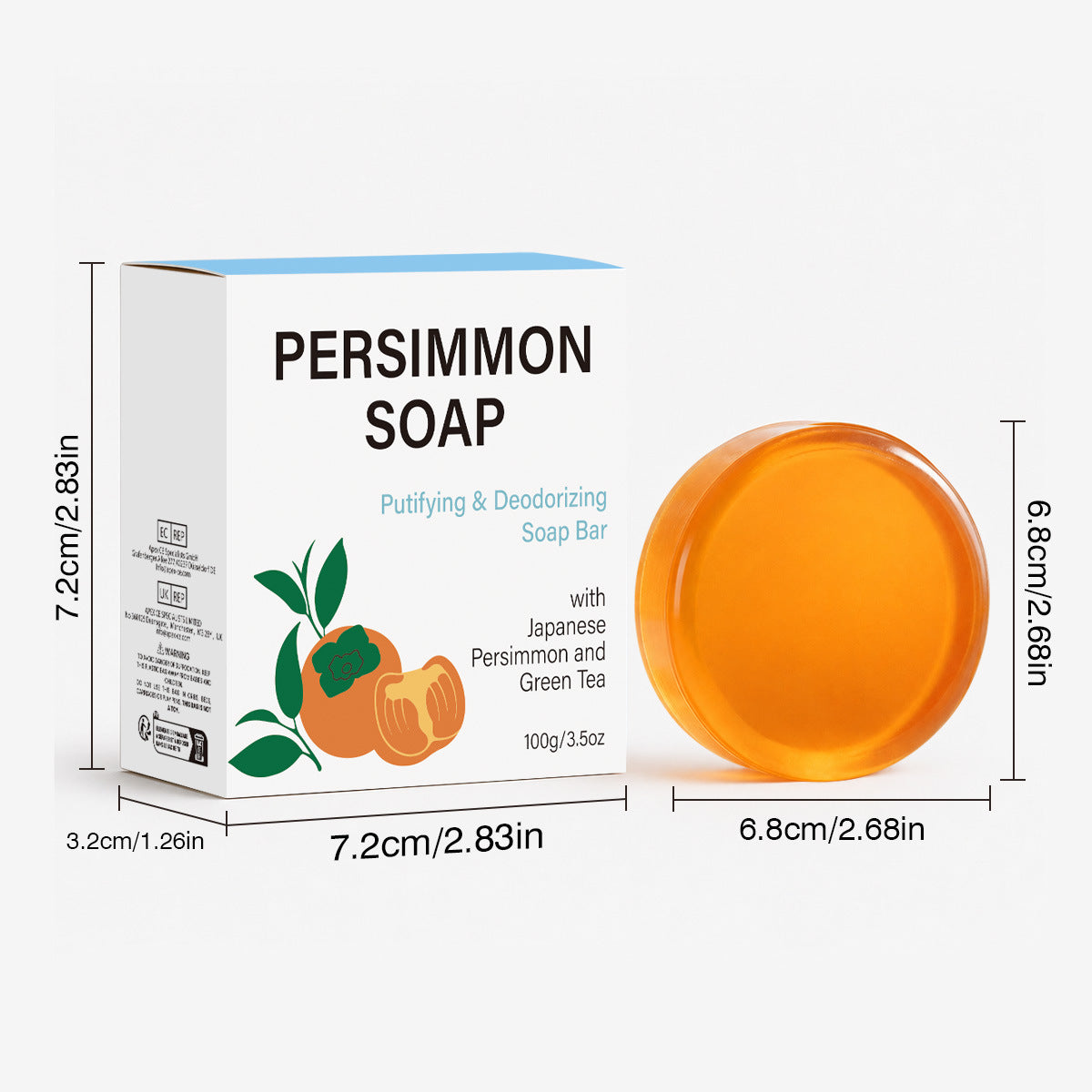 Option Round 1: Persimmon Soap box and round amber bar with dimension lines marking 7.2 cm, 3.2 cm and 6.8 cm