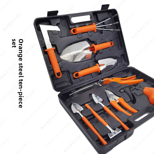 Orange grip stainless steel garden trowels, rake and pruning shears in an open case