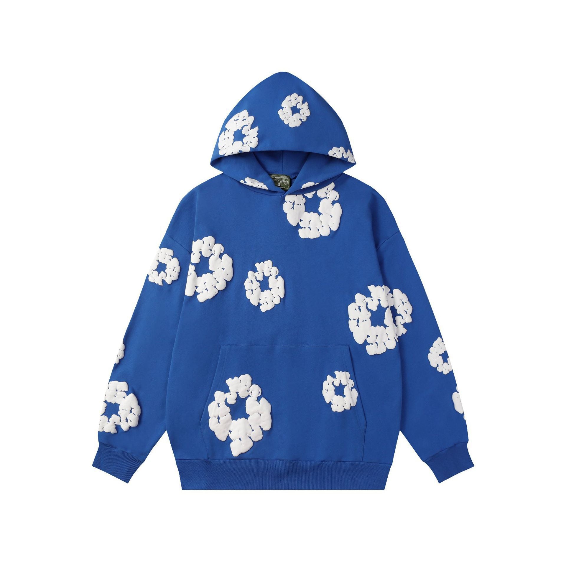 Cotton wreath print hoodie shown styled as a relaxed casual piece