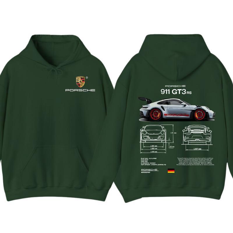 Forest Green cotton hoodie, front and back, with crest on the chest and 911 GT3 RS back print, option size M