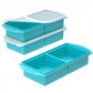 Two stacked lidded turquoise silicone trays beside an open two compartment tray, repeat of the first photo