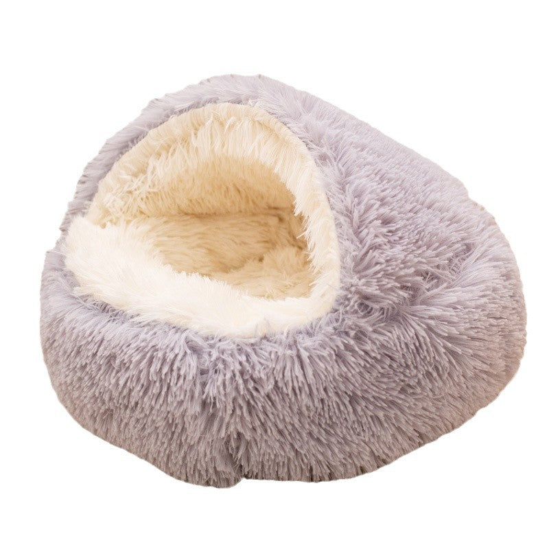 Grey semi-enclosed plush pet nest with a raised hood and cream lining on white