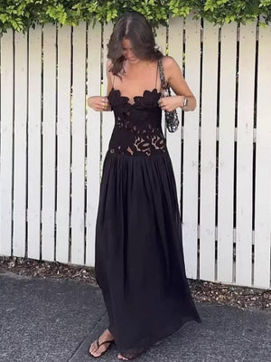 V-neck lace patchwork dress with adjustable spaghetti straps