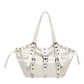 Glossy white hobo shoulder bag with buckle straps, grommets and drawstring sides, option White