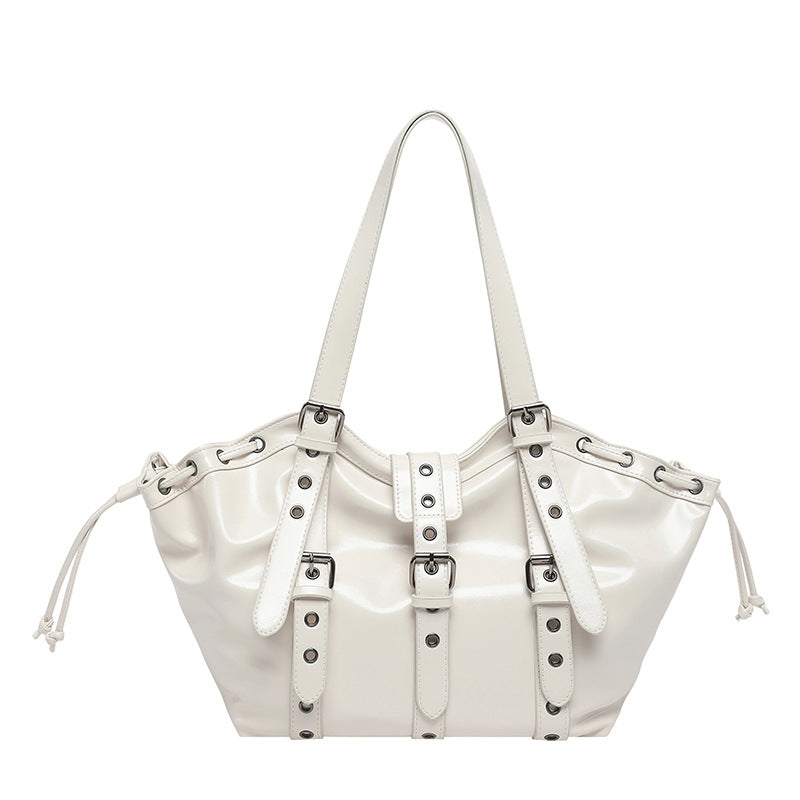 Glossy white hobo shoulder bag with buckle straps, grommets and drawstring sides, option White