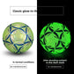 Size 4 fluorescent football shown in normal conditions and glowing green in the dark state