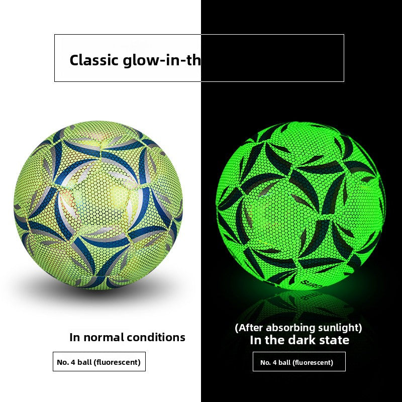Size 4 fluorescent football shown in normal conditions and glowing green in the dark state
