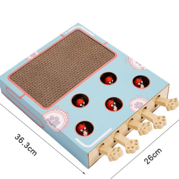 Groundhog whack a mole cat toy shown with dimensions about 36.3 by 26 cm and side paw push sticks