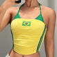 Yellow halterneck top with twin green side stripe and small flag front detail