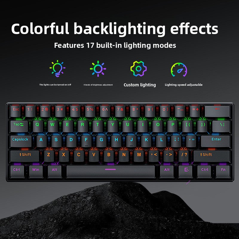 Colorful backlighting banner with 17 built in lighting modes over a black RGB keyboard