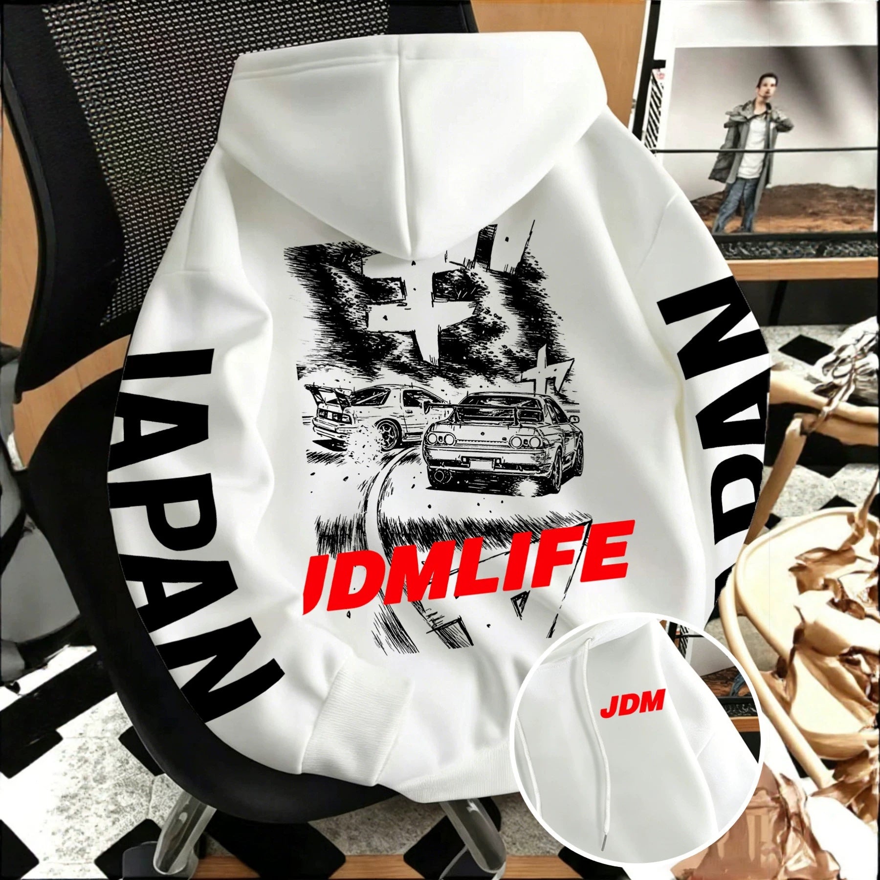 Back view of the JDM drift racing hoodie showing two sports cars and a red JDMLIFE print