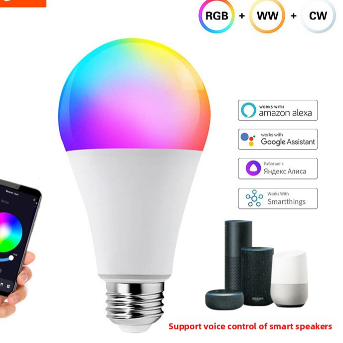 White RGB smart bulb shown in colour with a phone running the lighting control app