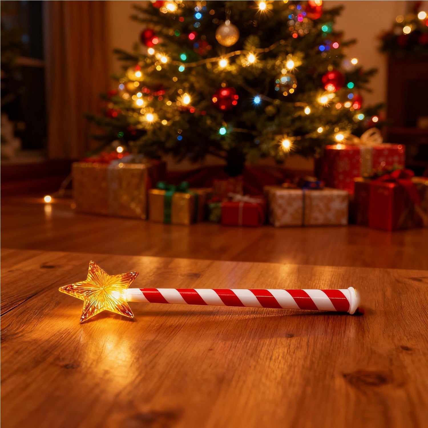 Light up star Christmas wand lying on a table, red and white handle and warm glowing star