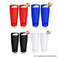 Red, blue, black and white soccer shin guard sleeves with a hand sliding a guard plate into the pocket
