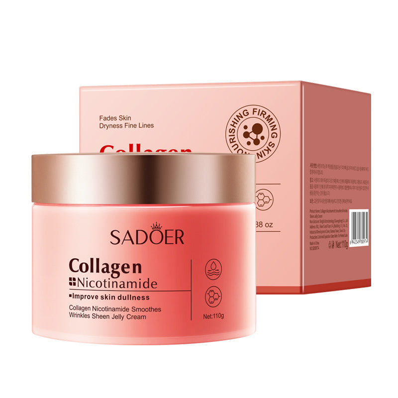 Pink collagen niacinamide jelly cream jar standing next to its pink carton
