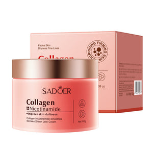 Pink collagen niacinamide jelly cream jar standing next to its pink carton