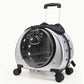 Silver rolling pet carrier with a dark bubble window, ventilation holes, pull rod and four wheels