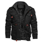 Black cotton field jacket with open zip front showing the dark fleece lining