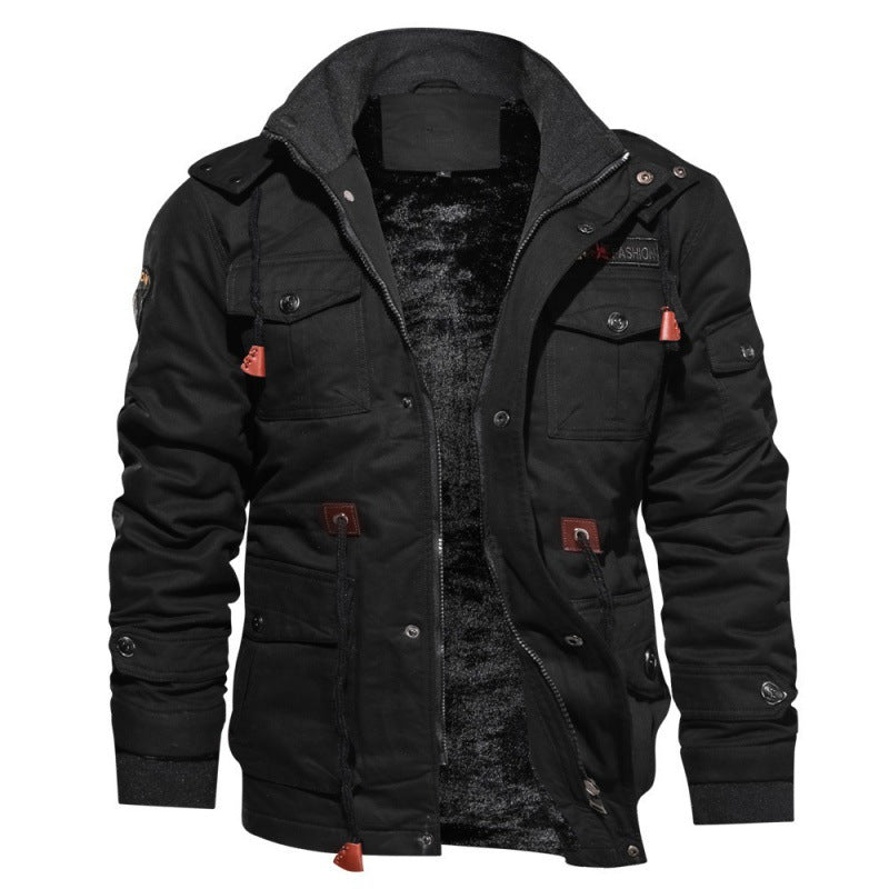 Black cotton field jacket with open zip front showing the dark fleece lining