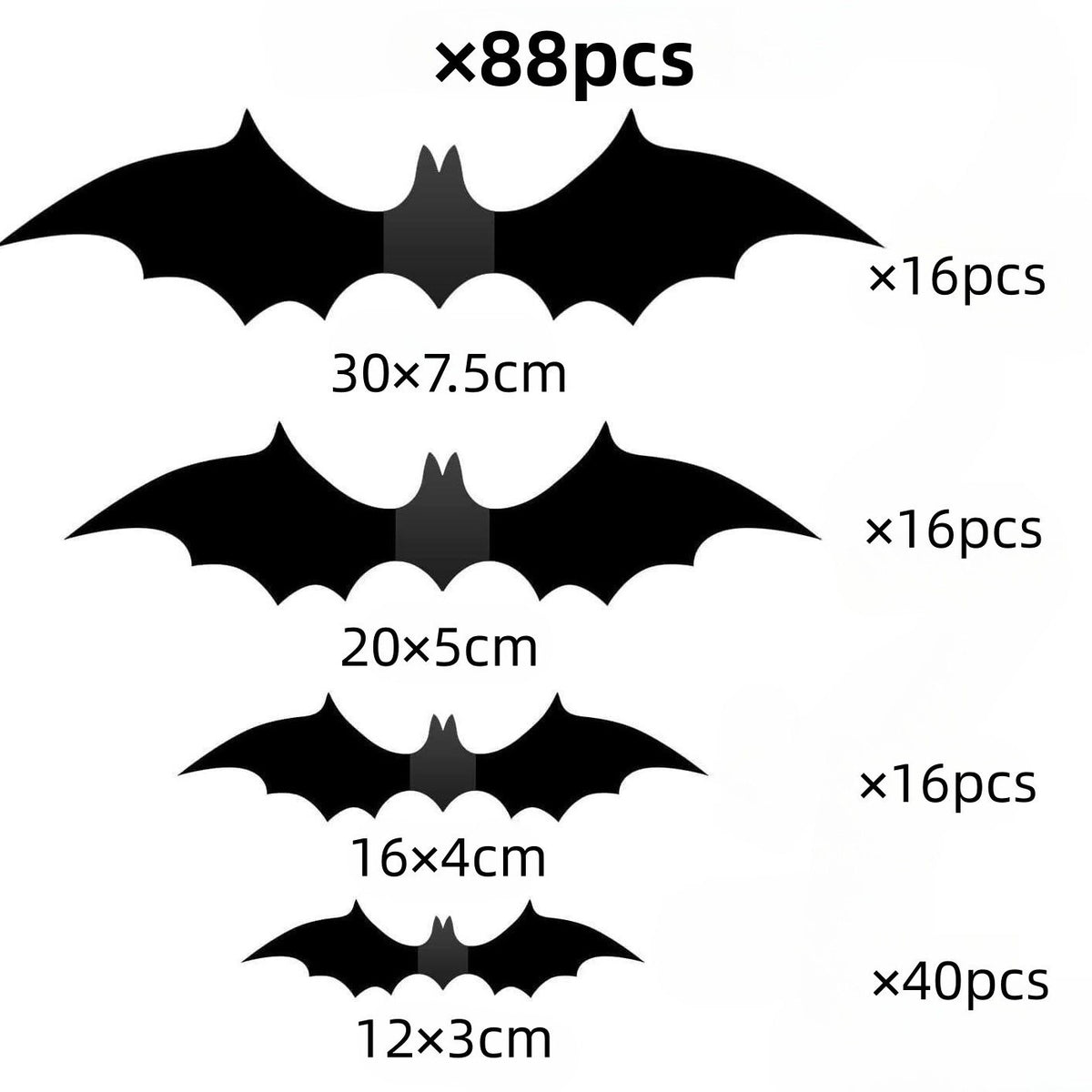 Black bat wall stickers of graduated sizes lined up on a light background