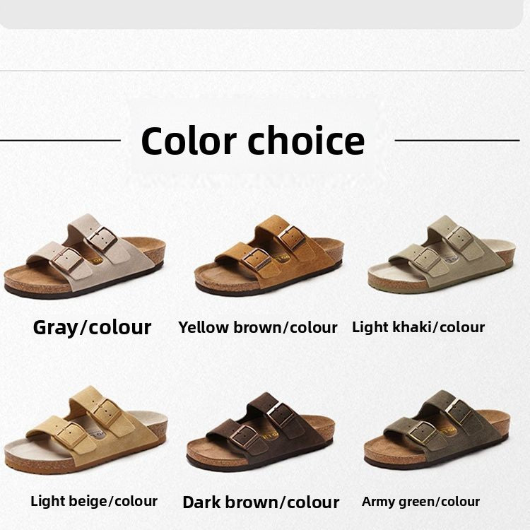 pair of dark brown cork footbed sandals with two buckle straps, front view