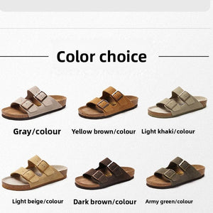 pair of dark brown cork footbed sandals with two buckle straps, front view