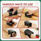 Six views of a black square tube paper cutter sliding along rolls of kraft paper held in different positions