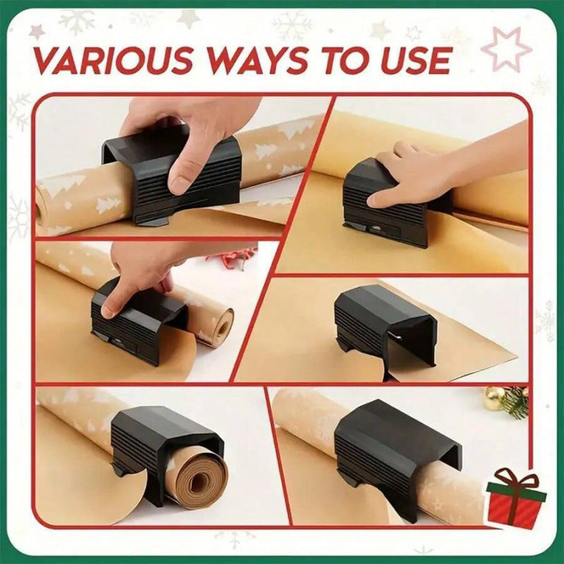 Six views of a black square tube paper cutter sliding along rolls of kraft paper held in different positions