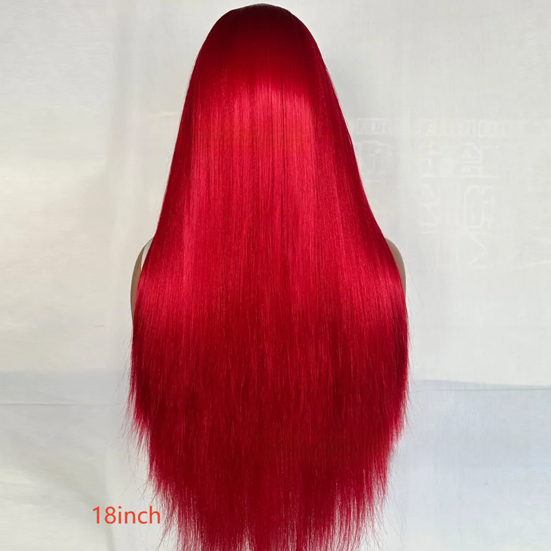 Back view of a long straight Neptune red synthetic wig labelled 18 inch
