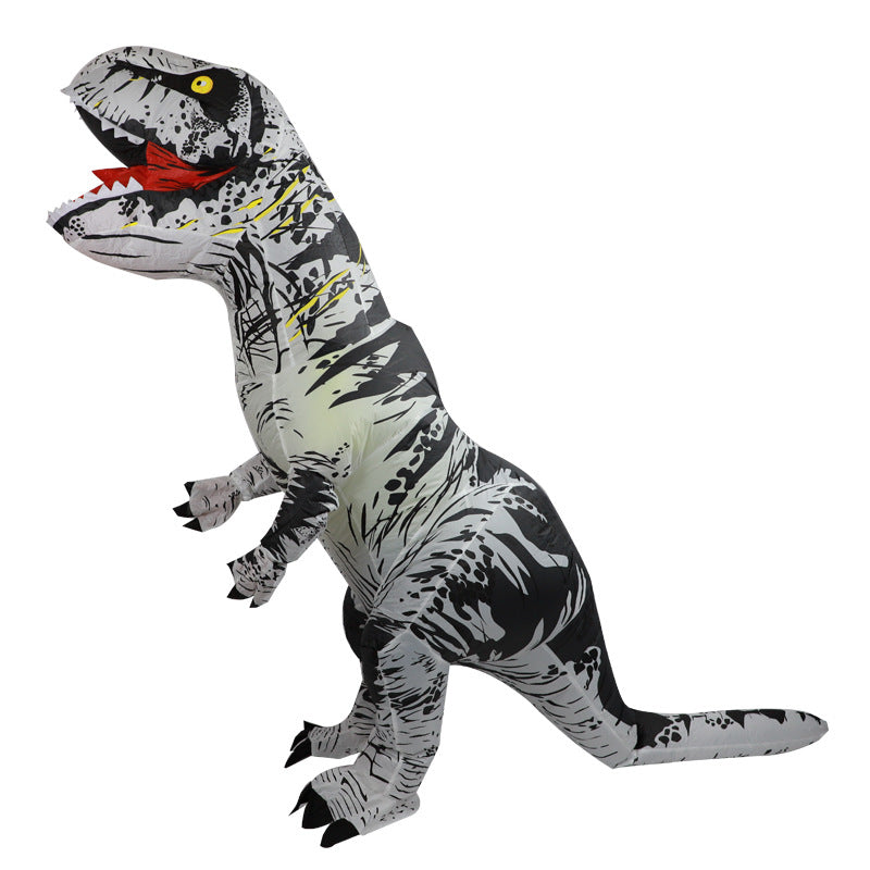 Inflatable T-Rex costume standing tall, the mesh viewing panel tucked into the underside of the neck