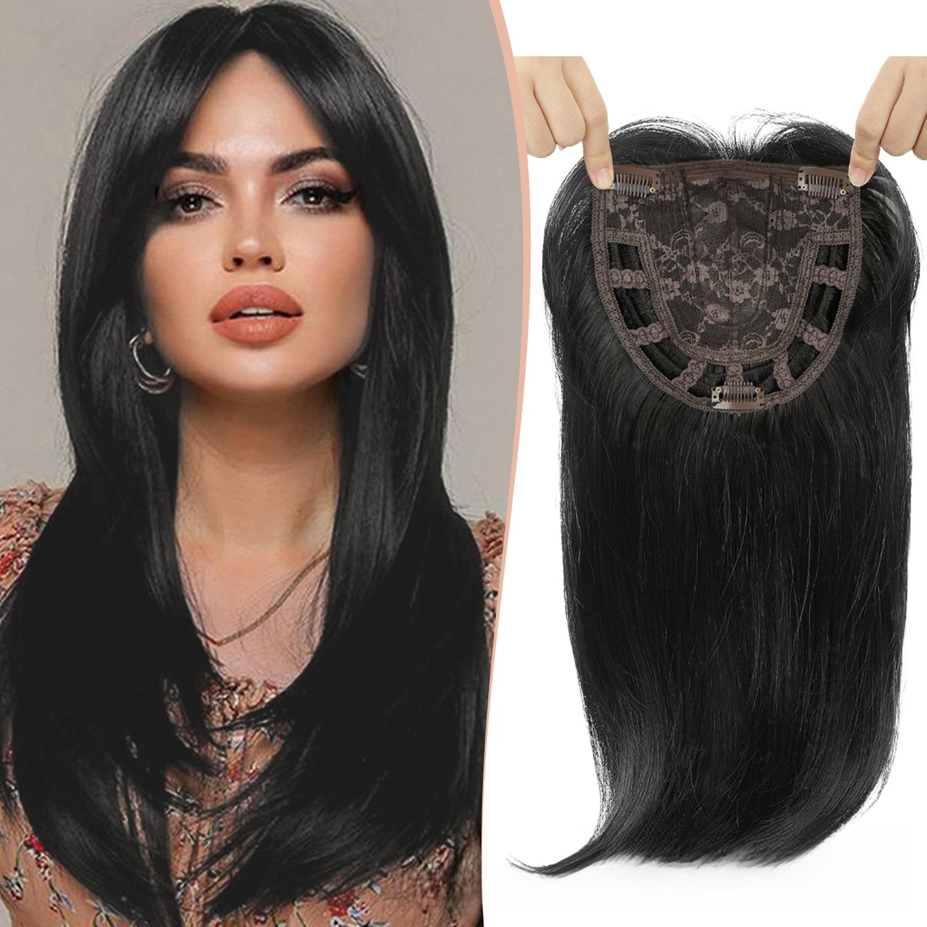 Jet black synthetic hair topper on a model beside the piece held up by two front clips