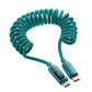 Teal green coiled braided USB-C to USB-C cable with a digital watt display connector