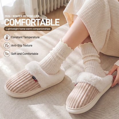 Plush corduroy indoor slipper with faux fur collar trim and thick EVA sole