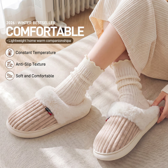 Plush Corduroy Indoor Slippers with Faux Fur Trim